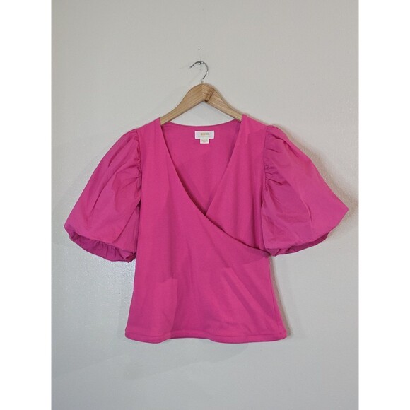 Maeve Tops - Maeve By Anthropologie Faux Wrap Blouse Pink Puff Sleeve Pullover Size Medium
